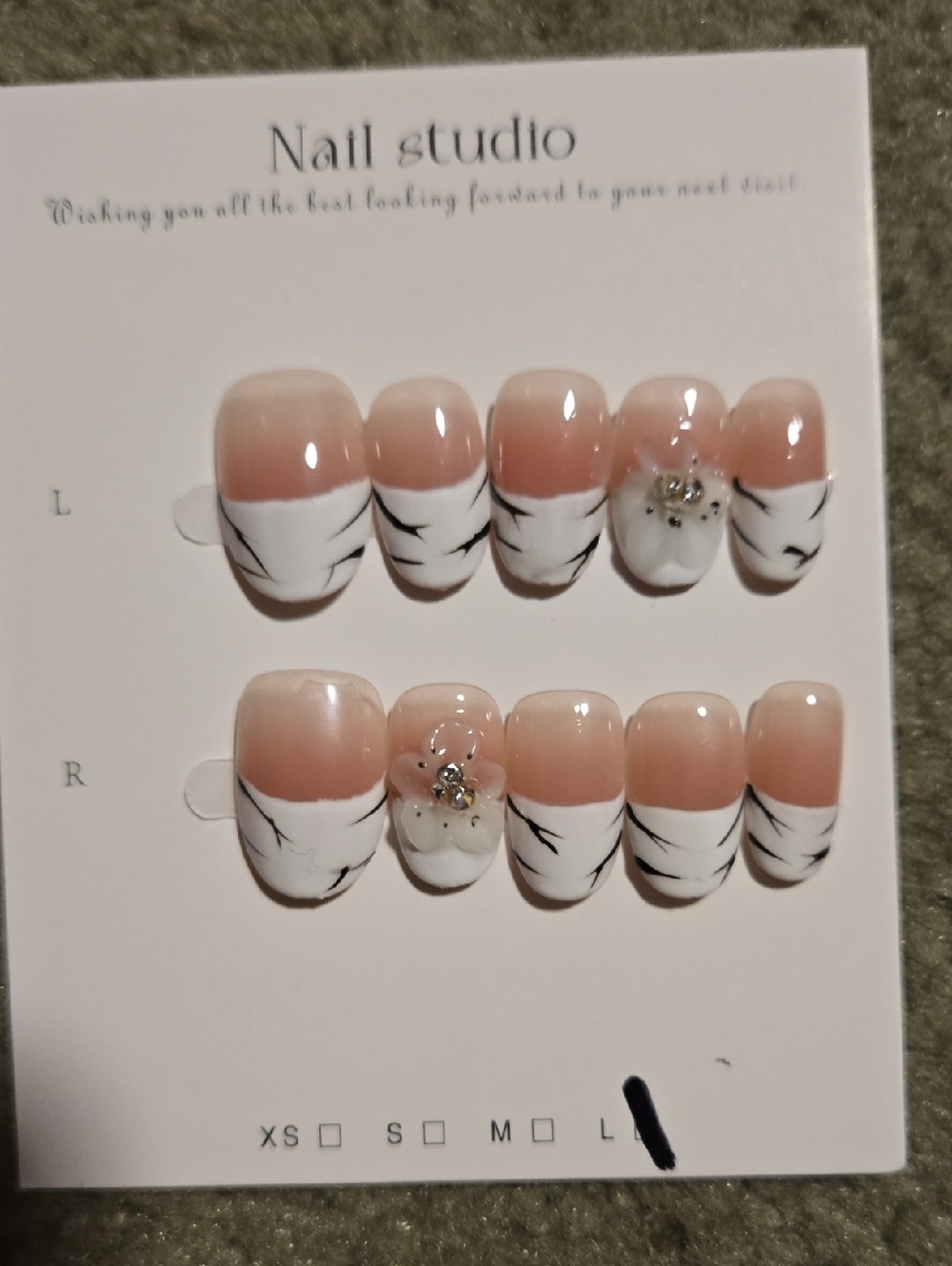 Nude Pink Floral Accent Press-On Nails with Black Marble Tips
